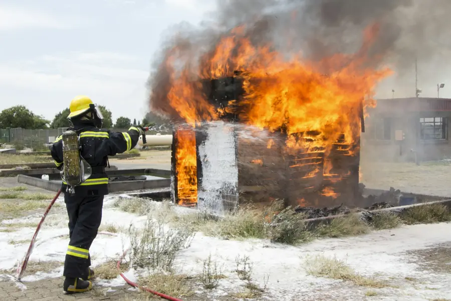 Exercice d'extinction sur un caisson de feu
